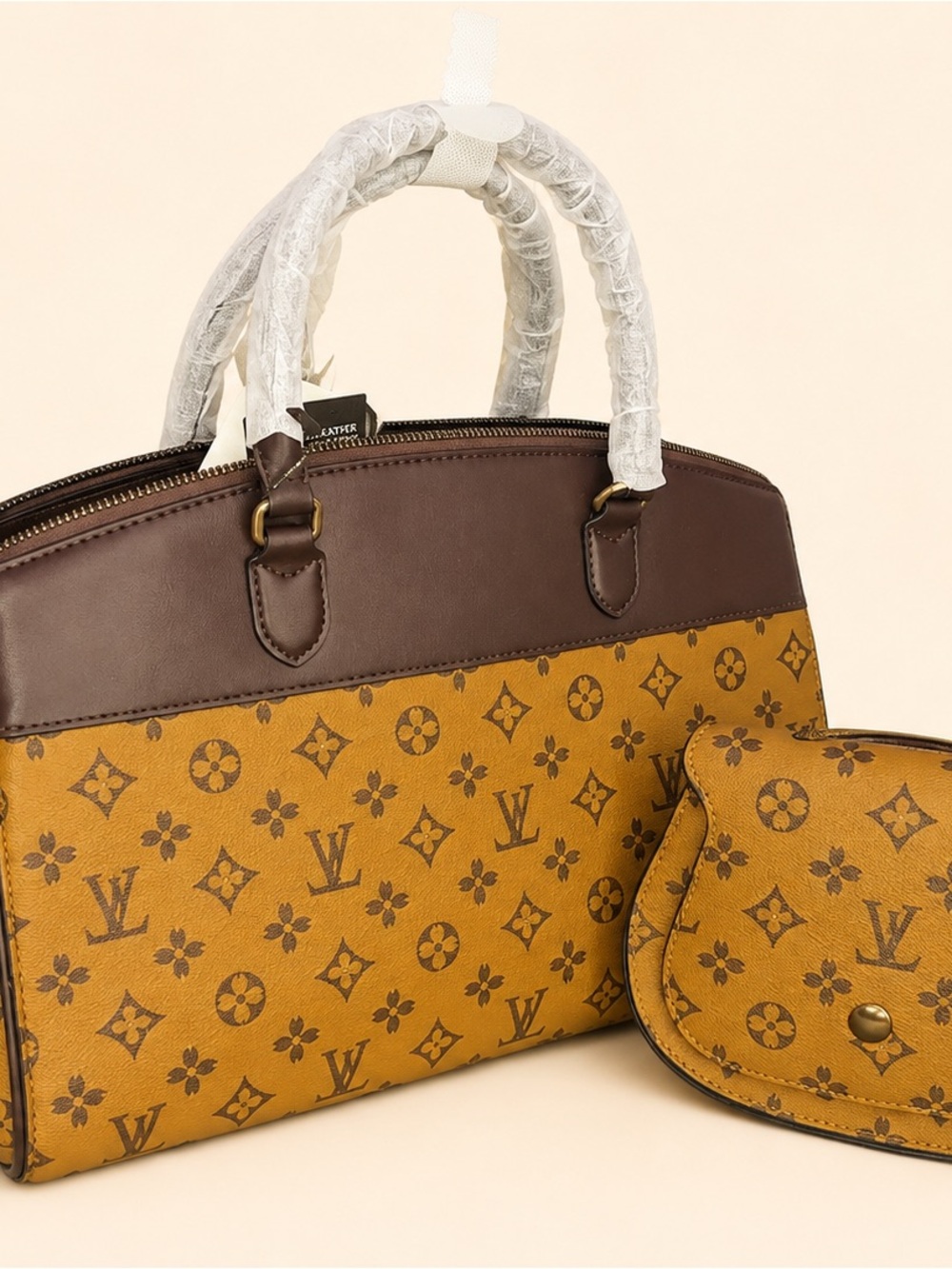 Brown & Tan Monogram Satchel with Matching Coin Pouch